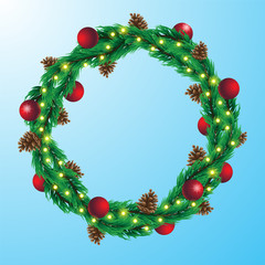 Fototapeta na wymiar Christmas wreath template with garlands of forest cones and glass balls on isolated background. Vector image