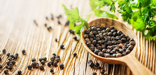 Black dried pepper in wooden bowl with green leaves background. Various peppers on wooden table.