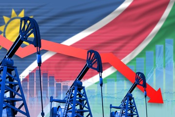 lowering, falling graph on Namibia flag background - industrial illustration of Namibia oil industry or market concept. 3D Illustration