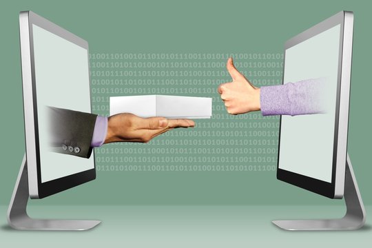 digital concept, two hands from monitors. hand with white tablet computer box and thumbs up, like. 3d illustration