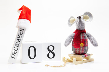 Wooden calendar with number December 8. Happy New Year! Symbol of New Year 2020 - white or metal (silver) rat. Christmas decorated.