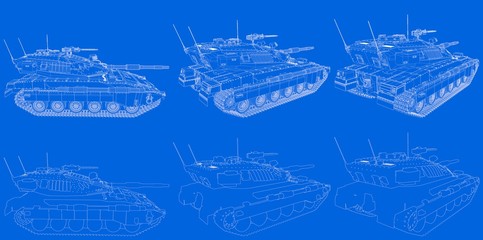 Military 3D Illustration of blue print - outlined isolated 3D miltary tank with fictional design, high detail honor to heroes concept