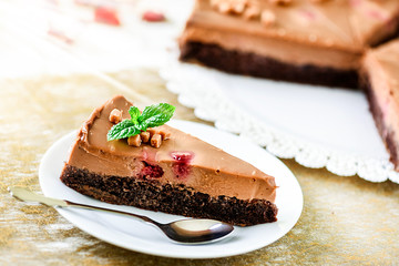 Delicious caramel cake on white plate. Finest piece of chocolate tart and mint on top.