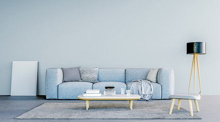 Modern interior design of living room with italian style furniture, blue color theme, mock-up wall, 3d rendering
