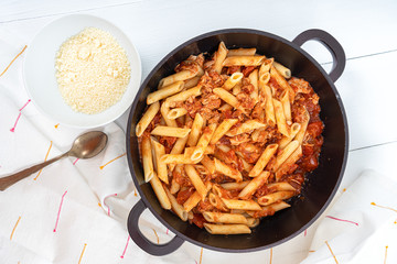 Tomato And Tuna Fish Penne Pasta With Parmesan - 303094258