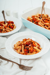 Traybake Fusilli Pasta With Aubergine, Peppers, Tomatoes And Mushrooms
