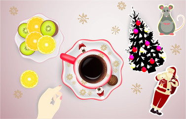 Christmas banner with Christmas stickers, cup of coffee, hand, fruits, snowflakes