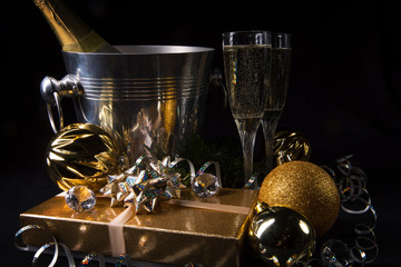 New Year, sparkling wine, candles, happy new year