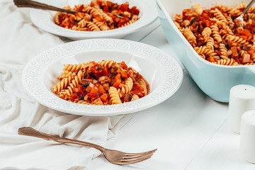 Traybake Fusilli Pasta With Aubergine, Peppers, Tomatoes And Mushrooms