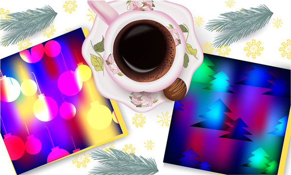 Christmas Greeting Cards with pine branch, snowflakes, cup of coffee and candy