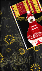 Banner with notepad with Christmas design, snowflakes, golden glitter