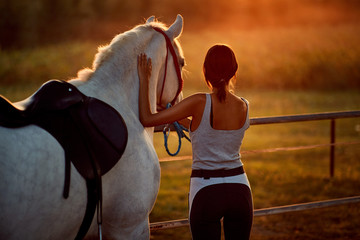 Young woman and her horse enjoying in the calm summer evening