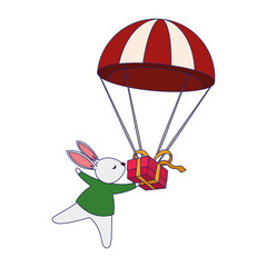 cute rabbit with parachute with gift box icon