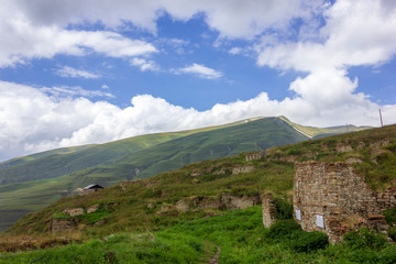 Ruins of medieval fortress. Outskirts of Khoy village which located on the bank of Ahkhete river. Chechnya (Chechen Republic), Russia, Caucasus.