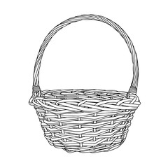 Hand-drawn empty wicker picnic basket. Black and white Basket with a handle made of twigs. The object is isolated on a white background.