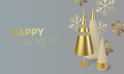 Metallic gold 3D Christmas tree. Realistic abstract background with 3d. Greeting card, invitation with happy New year 2020 and Xmas. Vector Illustration