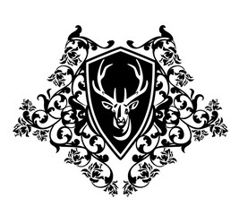 antler deer head in heraldic shield among rose flowers - vintage style buck portrait coat of arms black and white vector design