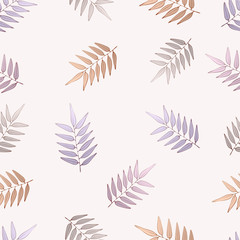 Colorful branches and leaves on pale light pink background. Seamless floral pattern.