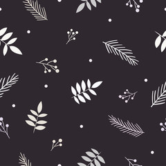 Fototapeta na wymiar Bright floral seamless pattern. Light leaves, fir branches, berries and snow on dark violet background. Suitable for packaging, textile.