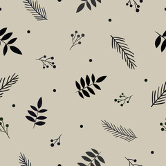 Monochrome floral seamless pattern. Grey and black silhouette of leaf, berries, fir branches on beige background.