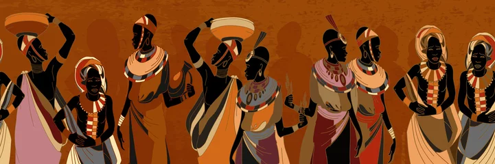 Fotobehang Afrikaanse vrouwen silhouetten in nationale kleding horizontale naadloze patroon. Mooie zwarte vrouwtjes. Mensen van Zuid-Afrika, vectorillustratie © Matrioshka