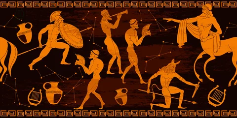 Horizontales nahtloses Muster des alten Griechenlands. Griechische Mythologie. Zentauren, Menschen, Götter eines Olymps. Vasenmalerei. Rotfiguriger Stil © Matrioshka