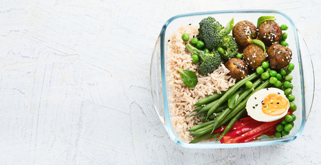  Healthy lunch box. Panorama, banner with copy space