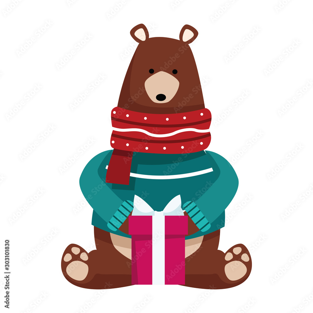 Poster christmas bear with gift box icon