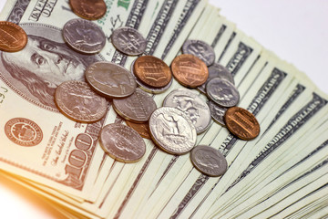 American coins on dollar usa background. Financial concept.