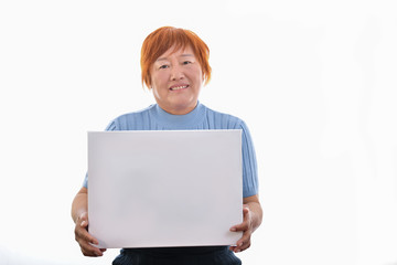 Asian woman holding blank blackboard