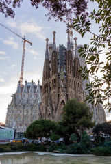 Wide angle shot of La Sagrada Familia catholic church in Barcelona. Natural colors.