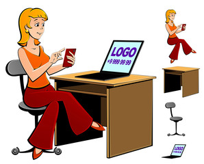 A woman sits on a chair at an office table, sees ads on a laptop, and dials a number on a smartphone. Cartoon style. A set of images.