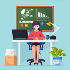 Business analysis, data analytics, research statistic, planning. Woman working at desk in office. Graph, charts, diagram on chalkboard. People analyze, plan development, marketing. Vector flat design
