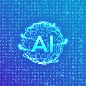 AI. Artificial Intelligence and Machine Learning concept. Sphere grid wave on streaming matrix digital binary code background. Big data innovation technology. Neural networks. Vector illustration.