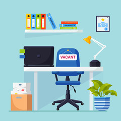 Recruitment. Office interior with desk, chair with sign retired, documents. Retirement. Vacant workplace for worker, employee. Human Resources, HR. Hiring employees. Job interview. Vector flat design