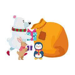 Obraz na płótnie Canvas christmas animals putting the gifts in a bag, flat design