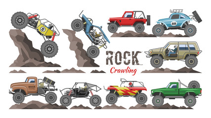 Monster truck vector cartoon rock vehicle crawling in rocks and extreme transport rocky car illustration set of heavy rocky monster-truck with large wheels isolated on white background - 303108421