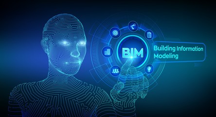 BIM. Building Information Modeling Technology concept on virtual screen. Business Industry, Architecture and Construction concept. Wireframed cyborg hand touching digital interface. Vector. EPS 10.