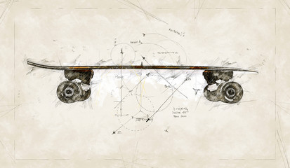 Illustration sketch of a project to realise a wooden skate board © pbombaert
