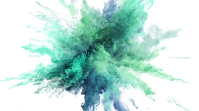 Cg animation of color powder explosion on white background. Macro. Slow motion movement with acceleration in the beginning. Has alpha matte.