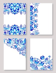 Russian ornaments gzhel art, vector illustration of blue colored flowers. Decorative frames with blue flowers on a white background. Four russian ghzel banners set.