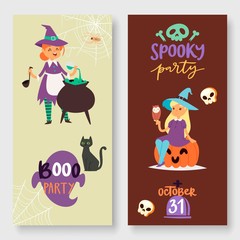 Halloween spooky party vector illustration banners set. Witch, pumpkin, black cat, magic cauldron and spider web. Halloween for kids invitation and party.