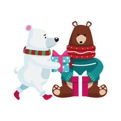 christmas grizzly bears with gift boxes, flat design