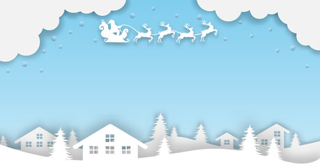 Merry Christmas. Design with santa claus on the sky to city village. paper art style. Vector. illustration.