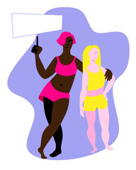 Two girls in swimsuits of different nationalities and types of figures holding a banner.