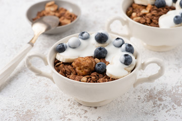 Granola, oatmeal with banana food background