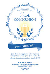 First Holy Communion Invitation for boys with flowers frame and chalice in blue tones