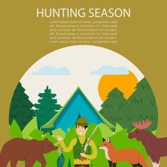 Hunting animals in forest hunt vector illustration. Flat desing of hunter man with rifle and trophy of ducks on hunting open season for wild animals.