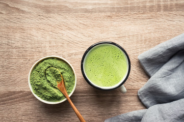 Matcha green powder tea. Japanese traditional tea. Top view. 