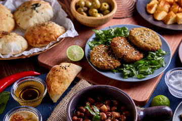 Fototapeta na wymiar Arabic cuisine, Egyptian Breakfast - Beans; Middle Eastern traditional breakfast. It's also Ramadan 'Suhur' or 'Suhoor'. It's an Islamic term referring to the meal consumed early in the morning by Mus